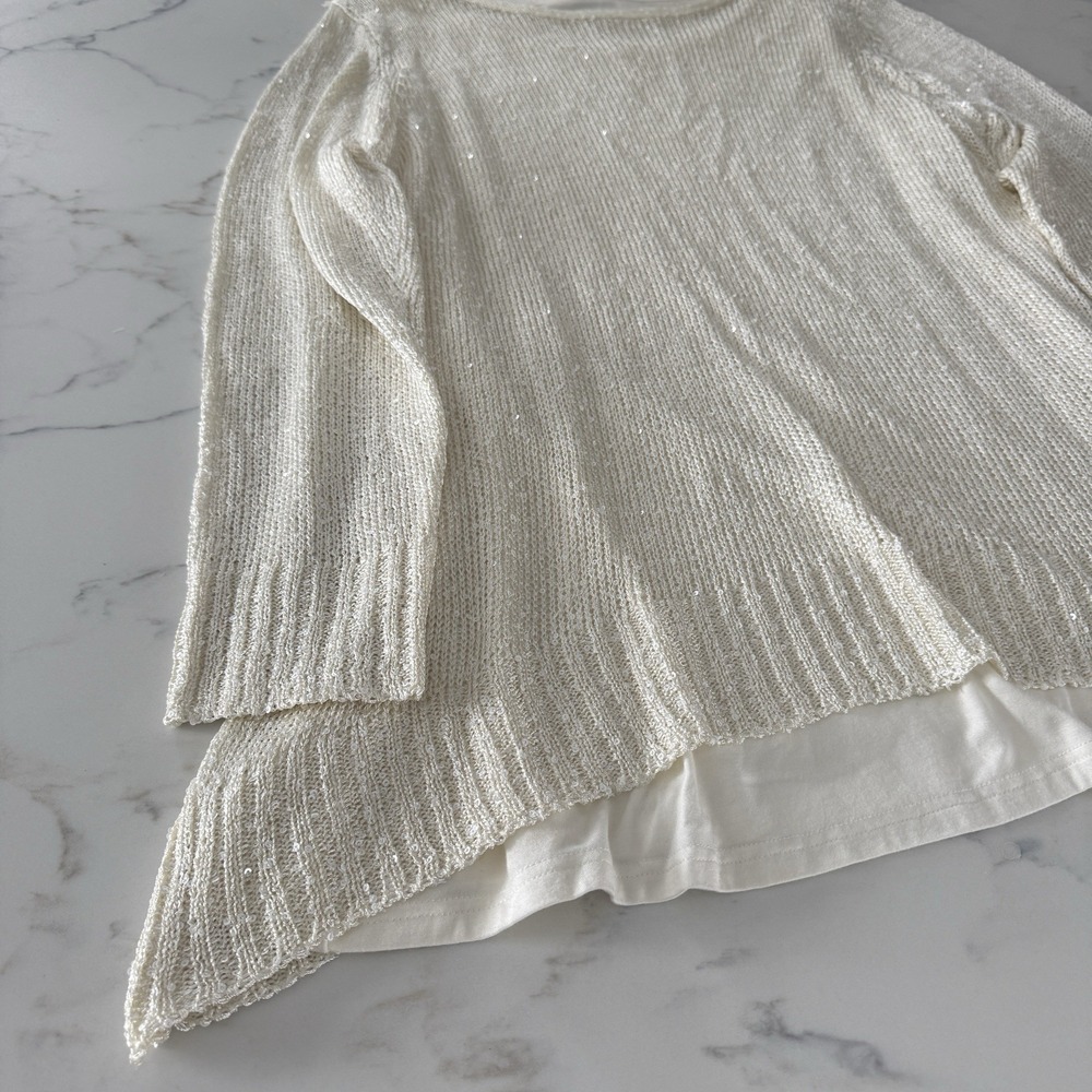 Chelsea & Theodore Layered Sequin Knit Sweater Sz 1X White Curved Elevated Basic - Picture 4 of 11